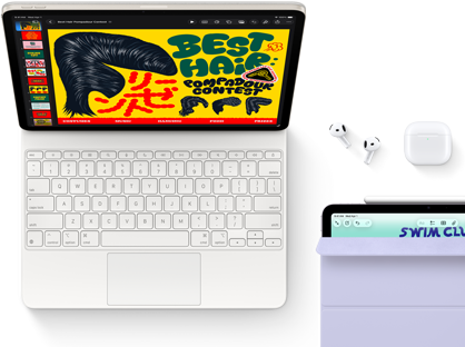 iPad Air v hviezdnej bielej, na obrazovke je farebná grafika. iPad je pripojený ku klávesnici Magic Keyboard, slúchadlám AirPods Pro a ceruzke Apple Pencil Pro